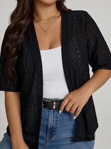 Comfylo Plus Size Women's Solid Color Casual Versatile Daily Wear Short Sleeve Cardigan - Black - View 5