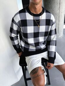 Manfinity Homme Men's Plaid Pattern Crew Neck Pullover Long Sleeve Sweater Suitable For Daily Wear - Black - View 1