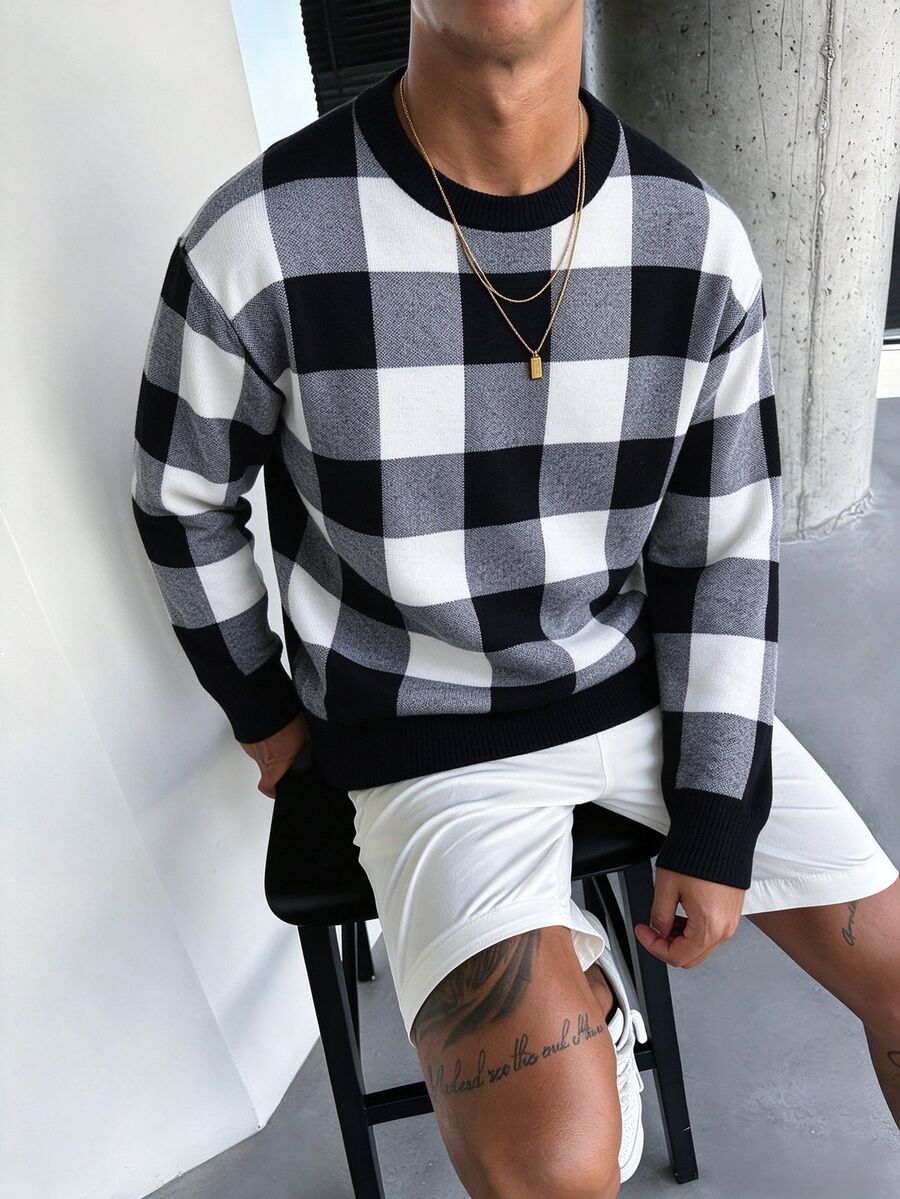 Manfinity Homme Men's Plaid Pattern Crew Neck Pullover Long Sleeve Sweater Suitable For Daily Wear - Black - View 1