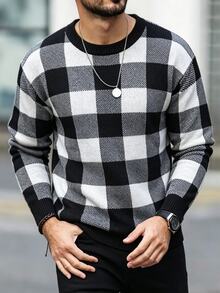 Manfinity Homme Men's Plaid Pattern Crew Neck Pullover Long Sleeve Sweater Suitable For Daily Wear - Black - View 4