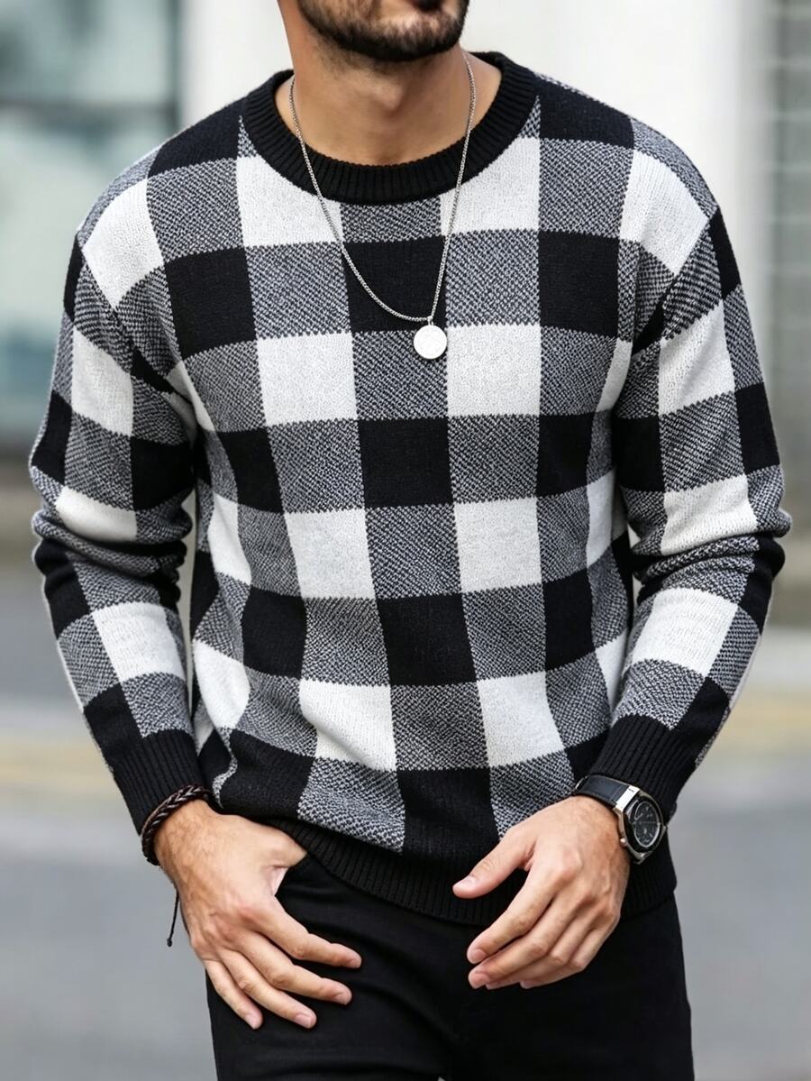 Manfinity Homme Men's Plaid Pattern Crew Neck Pullover Long Sleeve Sweater Suitable For Daily Wear - Black - View 1