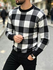 Manfinity Homme Men's Plaid Pattern Crew Neck Pullover Long Sleeve Sweater Suitable For Daily Wear - Black - View 5