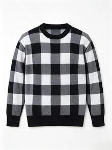 Manfinity Homme Men's Plaid Pattern Crew Neck Pullover Long Sleeve Sweater Suitable For Daily Wear - Black - View 3