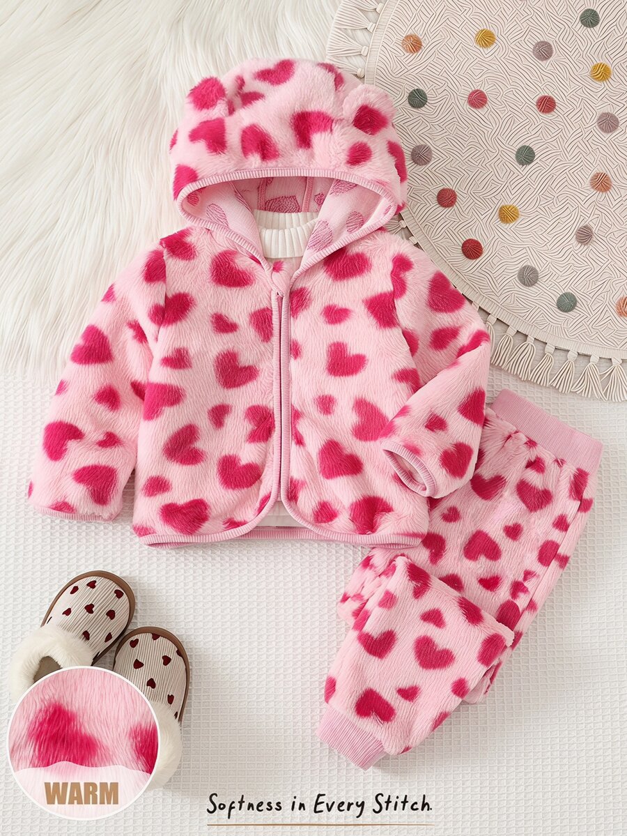 Cozy Pixies Baby Girls Cute Autumn/Winter Heart Pattern Faux Rabbit Fur Plush Long Sleeve Hooded Jacket And Pants 2 Pieces Set - Pink - View 1