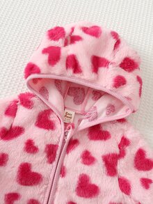Cozy Pixies Baby Girls Cute Autumn/Winter Heart Pattern Faux Rabbit Fur Plush Long Sleeve Hooded Jacket And Pants 2 Pieces Set - Pink - View 5