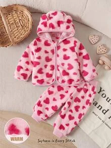 Cozy Pixies Baby Girls Cute Autumn/Winter Heart Pattern Faux Rabbit Fur Plush Long Sleeve Hooded Jacket And Pants 2 Pieces Set - Pink - View 2