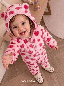 Cozy Pixies Baby Girls Cute Autumn/Winter Heart Pattern Faux Rabbit Fur Plush Long Sleeve Hooded Jacket And Pants 2 Pieces Set - Pink - View 1