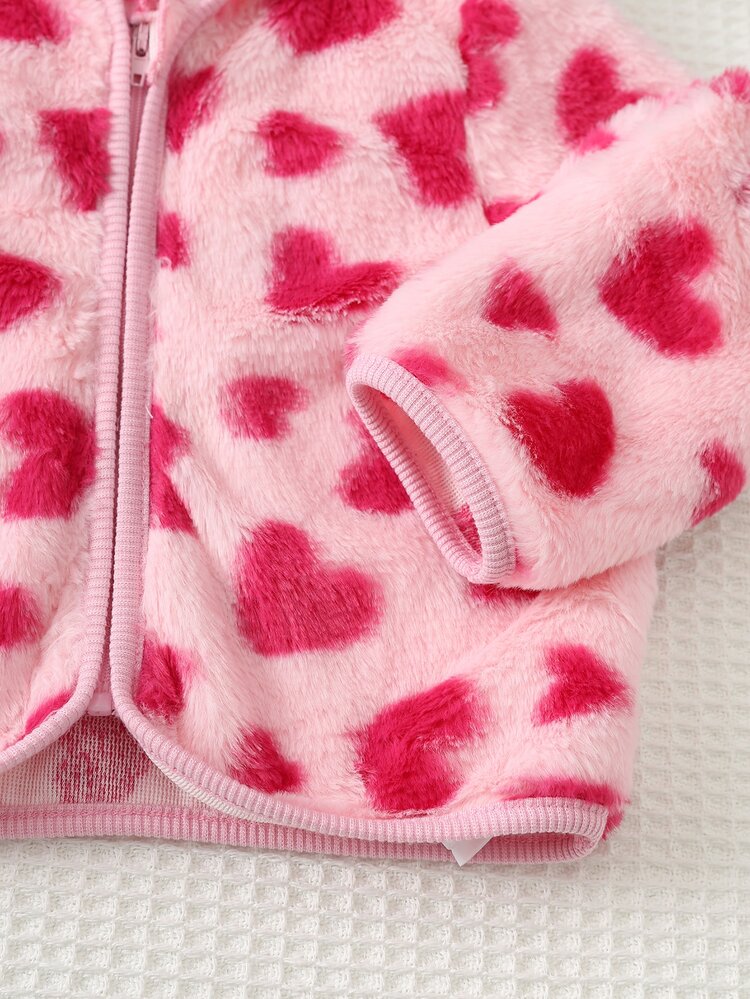 Cozy Pixies Baby Girls Cute Autumn/Winter Heart Pattern Faux Rabbit Fur Plush Long Sleeve Hooded Jacket And Pants 2 Pieces Set - Pink - View 6