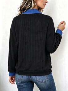 Linhara CURVE Women's Plus Size Collared Patchwork Ribbed Ribbed Long Sleeve T-Shirt, Casual Top For Autumn/Winter Fall - Black - View 2