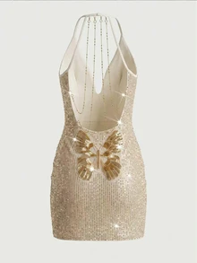 SHEIN Sexy Avant-Garde Backless Deep V-Neck Ruched Sleeveless Chain Decor Tulle Crochet Mini Dress, 70s Style Summer Party Wedding Elegant Sequin Bodycon Dress For Women - Champagne - View 7