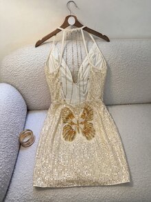 SHEIN Sexy Avant-Garde Backless Deep V-Neck Ruched Sleeveless Chain Decor Tulle Crochet Mini Dress, 70s Style Summer Party Wedding Elegant Sequin Bodycon Dress For Women - Champagne - View 8