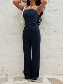 Sunnyshic Women's Denim Jumpsuit - Dark Wash - View 6