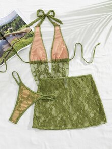SHEIN Swim 女款歐美風性感大膽前衛音樂節派對休閒法式慵懶度假百搭撞色蕾絲布料串珠裝飾繫帶掛脖露背泳衣上衣搭配後背抓皺荷葉邊泳褲與蕾絲裙比基尼三件套，適合春假、秋季返校、啤酒節、音樂節、假期、春季促銷、海灘氛圍度假穿搭、派對泳裝、情人節、新年、返校嘉年華、母親節、國際婦女節、家庭出遊、巴西六月節、畢業季 - 彩色 - 查看 2