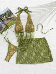 SHEIN Swim 女款歐美風性感大膽前衛音樂節派對休閒法式慵懶度假百搭撞色蕾絲布料串珠裝飾繫帶掛脖露背泳衣上衣搭配後背抓皺荷葉邊泳褲與蕾絲裙比基尼三件套，適合春假、秋季返校、啤酒節、音樂節、假期、春季促銷、海灘氛圍度假穿搭、派對泳裝、情人節、新年、返校嘉年華、母親節、國際婦女節、家庭出遊、巴西六月節、畢業季 - 彩色 - 查看 7