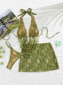 SHEIN Swim 女款歐美風性感大膽前衛音樂節派對休閒法式慵懶度假百搭撞色蕾絲布料串珠裝飾繫帶掛脖露背泳衣上衣搭配後背抓皺荷葉邊泳褲與蕾絲裙比基尼三件套，適合春假、秋季返校、啤酒節、音樂節、假期、春季促銷、海灘氛圍度假穿搭、派對泳裝、情人節、新年、返校嘉年華、母親節、國際婦女節、家庭出遊、巴西六月節、畢業季 - 彩色 - 查看 6