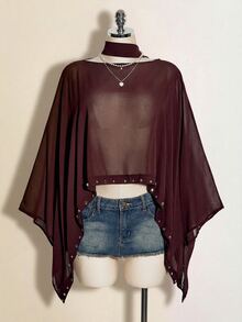 SHEIN ICON Women's Solid Color Batwing Sleeve Loose Fashion Top - Brown - View 9