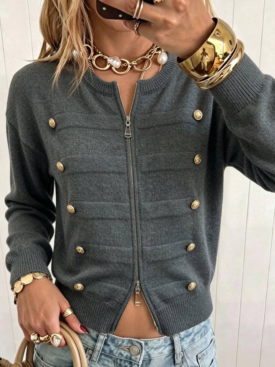 Modelyn Napoleon Elegant Style Metal Button Design Double-Sided Zipper Cardigan Fashion Casual Loose Versatile Long Sleeve Sweater Jacket Top For Women - Dark Grey - View 1