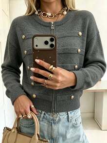 Modelyn Napoleon Elegant Style Metal Button Design Double-Sided Zipper Cardigan Fashion Casual Loose Versatile Long Sleeve Sweater Jacket Top For Women - Dark Grey - View 6