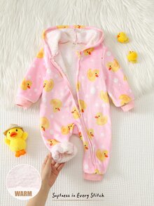 Cozy Pixies 女嬰可愛鴨子波點印花法蘭絨面料長袖長褲連帽連身衣舒適連身褲 - 彩色 - 查看 5