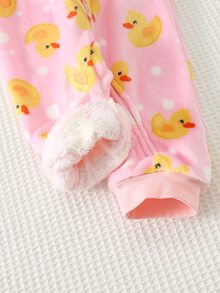 Cozy Pixies 女嬰可愛鴨子波點印花法蘭絨面料長袖長褲連帽連身衣舒適連身褲 - 彩色 - 查看 9