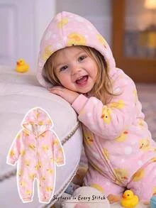 Cozy Pixies 女嬰可愛鴨子波點印花法蘭絨面料長袖長褲連帽連身衣舒適連身褲 - 彩色 - 查看 4