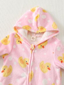 Cozy Pixies 女嬰可愛鴨子波點印花法蘭絨面料長袖長褲連帽連身衣舒適連身褲 - 彩色 - 查看 7
