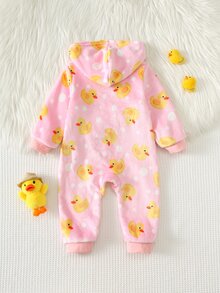 Cozy Pixies 女嬰可愛鴨子波點印花法蘭絨面料長袖長褲連帽連身衣舒適連身褲 - 彩色 - 查看 3
