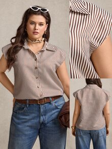Comfylo Plus Size Summer Casual Commuter Striped Brown Top, Business Casual Tops Vacation Beach Vacation Holiday Easter Spring Summer Tops - Multicolor - View 10