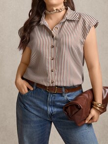 Comfylo Plus Size Summer Casual Commuter Striped Brown Top, Business Casual Tops Vacation Beach Vacation Holiday Easter Spring Summer Tops - Multicolor - View 8