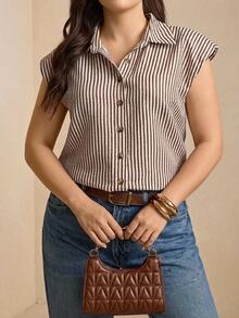 Comfylo Plus Size Summer Casual Commuter Striped Brown Top, Business Casual Tops Vacation Beach Vacation Holiday Easter Spring Summer Tops - Multicolor - View 2