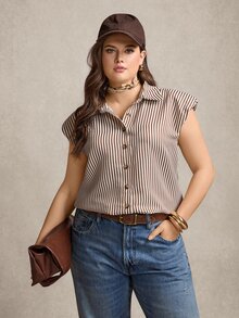 Comfylo Plus Size Summer Casual Commuter Striped Brown Top, Business Casual Tops Vacation Beach Vacation Holiday Easter Spring Summer Tops - Multicolor - View 5