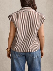 Comfylo Plus Size Summer Casual Commuter Striped Brown Top, Business Casual Tops Vacation Beach Vacation Holiday Easter Spring Summer Tops - Multicolor - View 3