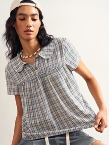 Bohemela Women's Korean Style Button Half-Placket Plaid Shirt - Blue and White - View 2
