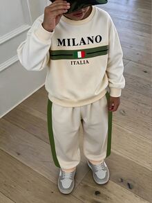2件組 4-7歲男童運動休閒風 MILANO 字母印花側條紋圓領長袖適中厚度舒適套裝，適合日常上學，春秋穿著 - 彩色 - 查看 1