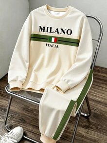 2件組 4-7歲男童運動休閒風 MILANO 字母印花側條紋圓領長袖適中厚度舒適套裝，適合日常上學，春秋穿著 - 彩色 - 查看 8