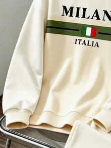 2件組 4-7歲男童運動休閒風 MILANO 字母印花側條紋圓領長袖適中厚度舒適套裝，適合日常上學，春秋穿著 - 彩色 - 查看 5