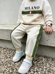 2件組 4-7歲男童運動休閒風 MILANO 字母印花側條紋圓領長袖適中厚度舒適套裝，適合日常上學，春秋穿著 - 彩色 - 查看 7