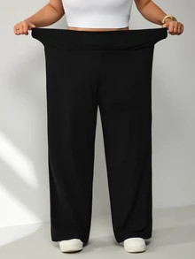 SHEIN CURVE+ Large Women's Wide Waistband Flared Pants Various Leg Shapes Fall, Winter 2026 Plus Size 22W - Black - View 9