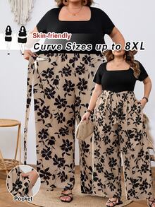 SHEIN CURVE+ 大尺碼女款度假花卉印花拼接短袖寬鬆連身褲 郵輪度假 黑色 夏季 波希米亞風 優雅 早午餐 - 彩色 - 查看 12