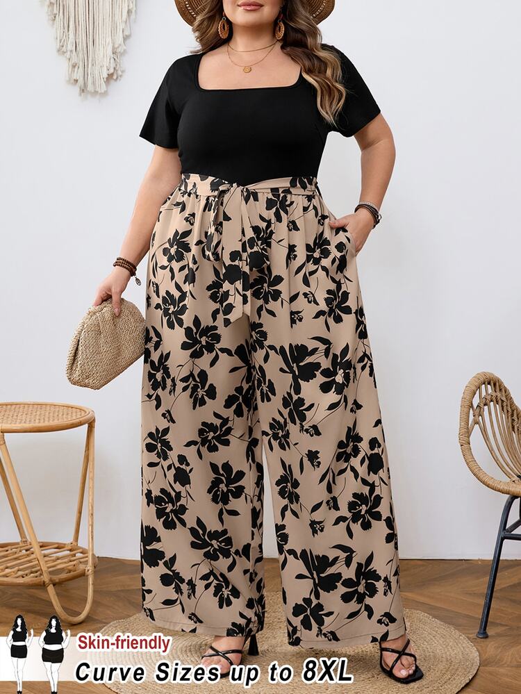 SHEIN CURVE+ Plus Size Women Holiday Floral Print Patchwork Short Sleeve Loose Jumpsuit Cruise Vacation Black Summer Boho Elegant Brunch - Multicolor - View 10