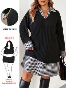 SHEIN CURVE+ فستان محبوك بأكمام طويلة بطبعة مربعات ملونة 2 في 1 مقاس كبير للشتاء والخريف - أبيض وأسود - مشاهدة 1