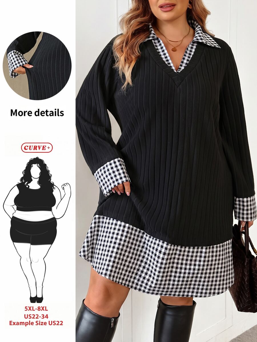 SHEIN CURVE+ فستان محبوك بأكمام طويلة بطبعة مربعات ملونة 2 في 1 مقاس كبير للشتاء والخريف - أبيض وأسود - مشاهدة 1
