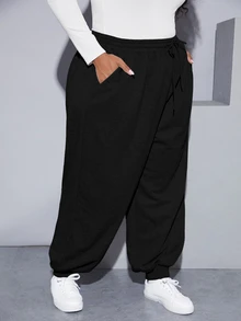 SHEIN CURVE+ Plus Drawstring Waist Sweatpants - Black - View 8