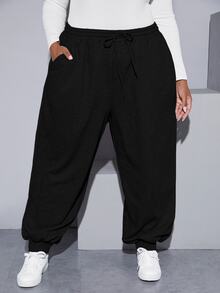 SHEIN CURVE+ Plus Drawstring Waist Sweatpants - Black - View 6