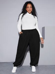 SHEIN CURVE+ Plus Drawstring Waist Sweatpants - Black - View 7