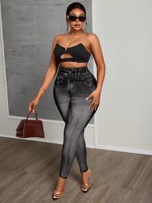 SHEIN CURVE+ Plus Size Denim Effect Leggings Music Festivals Office Business Black Ripped, Fall Winter 2026 22W - Multicolor - View 4