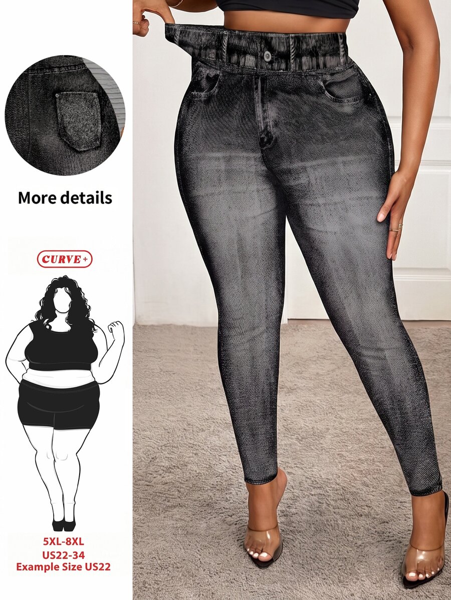 SHEIN CURVE+ Plus Size Denim Effect Leggings Music Festivals Office Business Black Ripped, Fall Winter 2026 22W