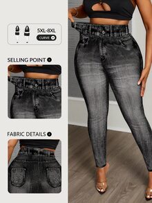 SHEIN CURVE+ Plus Size Denim Effect Leggings Music Festivals Office Business Black Ripped, Fall Winter 2026 22W - Multicolor - View 10