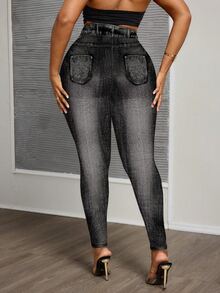 SHEIN CURVE+ Plus Size Denim Effect Leggings Music Festivals Office Business Black Ripped, Fall Winter 2026 22W - Multicolor - View 3