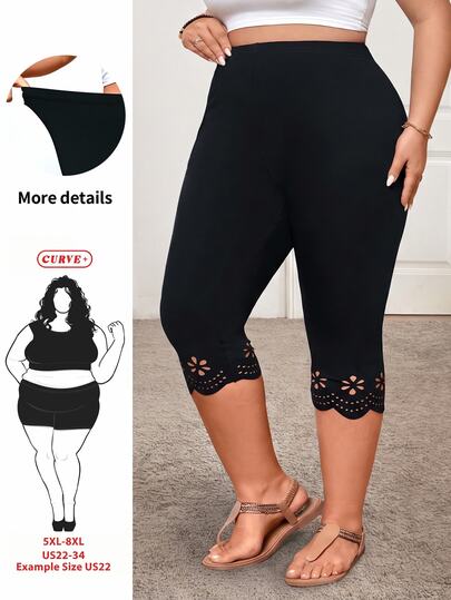SHEIN CURVE+ Plus Size Women's Black Hollow Out Tight-Fitting Leggings, Summer For Women, Capris For Women, Beach Workout Office For Woman, Bohemia Business Casual